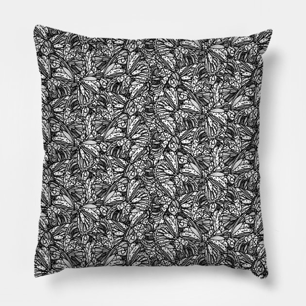 Black and White Butterfly Wings Pillow by Carolina Díaz