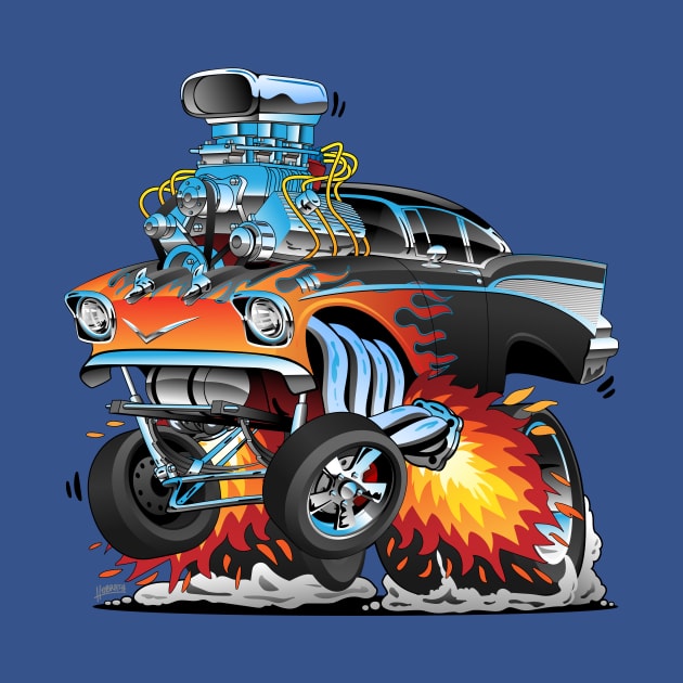 Classic hot rod fifties style gasser drag racing muscle car, red hot flames, big engine, lots of chrome, cartoon illustration by hobrath