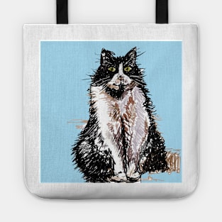 Tuxedo Cat Cute Drawing - on Blue Tote