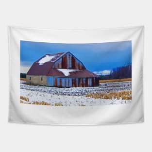 Winter Sets-in Around the Old Barn Tapestry