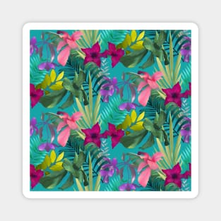 Elegant tropical flowers and leaves pattern purple illustration, blue tropical pattern over a Magnet