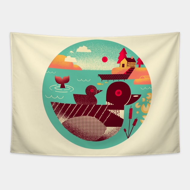 1950s Retro Loon Bird on a Lake Tapestry by narwhalwall