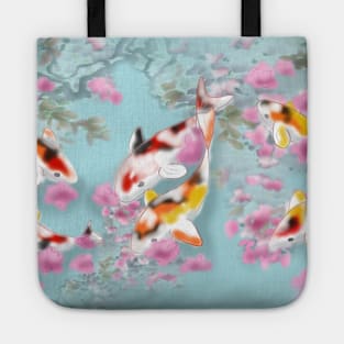 Koi carp with sakura reflections in a turquoise pond Tote