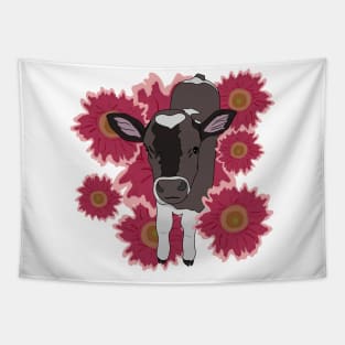 Baby cow with Red flowers Tapestry