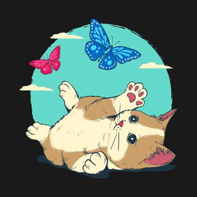 Cute Cat Playing With Butterfly Blue Sky by anubis1986