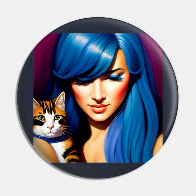 A Portrait of a Blue Hair Woman and Her Cat Pin by VespersEmporium