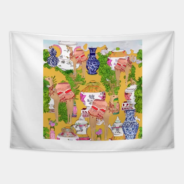 Camels in chinoiserie oasis Tapestry by SophieClimaArt