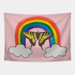 Yellow butterfly Machaon with rainbow Tapestry