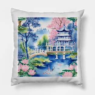 Chinoiserie landscape with koi fish and lotus flowers Pillow
