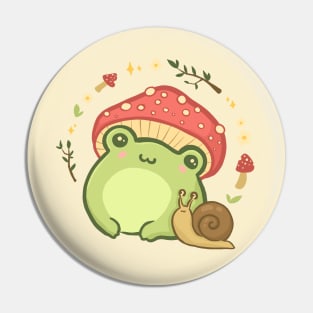 Cute Cottagecore Aesthetic Chubby Frog Snail Mushrooms, Kawaii Froggy Wearing Toadstool Hat Pin