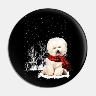 Christmas Bichon Frise With Scarf In Winter Forest Pin