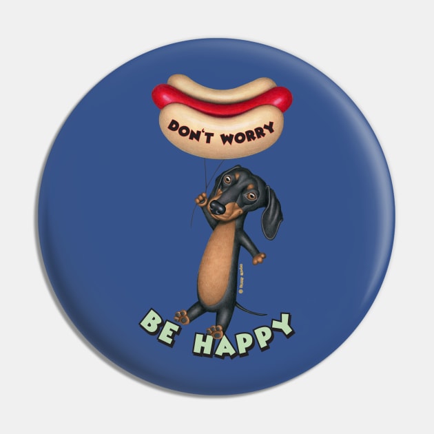 Funny Black and Tan Doxie with balloons Holding Hotdog Balloon Pin by Danny Gordon Art