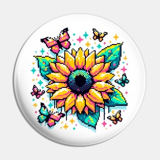 Digital Sunflower Art - Pixelated Nature and Butterfly Design Pin