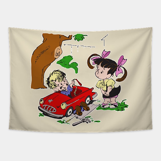 Cute Boy Mechanic Fixes Toy Car for A PigTailed Girl Cartoon Tapestry by Souvenir T-Shirts