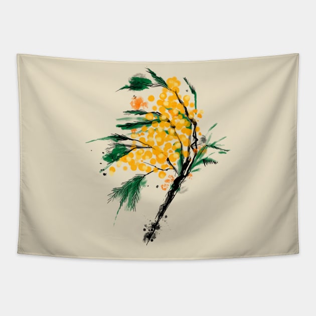 Watercolour mimosa flower Tapestry by Blacklinesw9