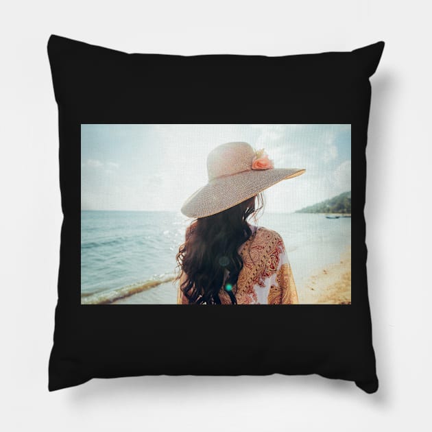 Elegant Woman With Straw Hat Walking Alone on Beach Pillow by visualspectrum