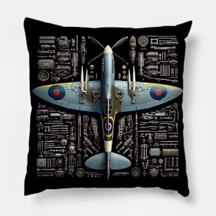 RAF Spitfire British WWII Technical Drawing Blueprint Pillow