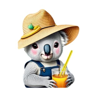 Chill Koala Vibes: Overalls, Straw Hat, and Soda Sips! T-Shirt