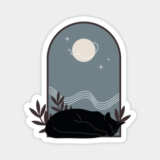 Sleepy cozy black cat with plants and night sky in vintage boho minimalist style Magnet