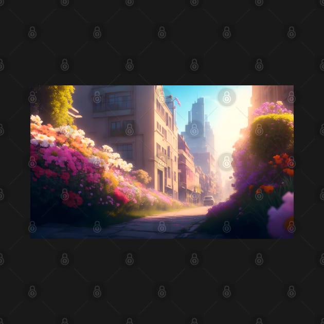 City street with beautiful flowers by WODEXZ