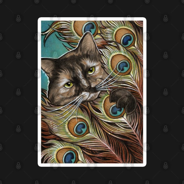 Tortie Cat and Peacock Feathers - White Outlined Version by Nat Ewert Art