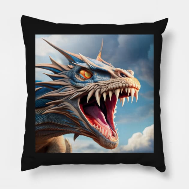 Fierce Blue and White Spikey Dragon Roaring Pillow by dragynrain