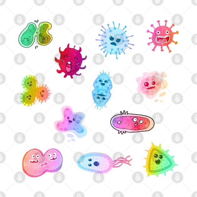 Cute Microbes Bacteria, Virus, Ecoli MicroBiology Seamless Pattern Sticker Pack. by labstud