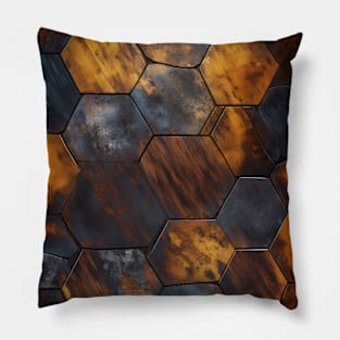 Geometric Timber: Crystalline Hexagons in Amber and Blue Pillow