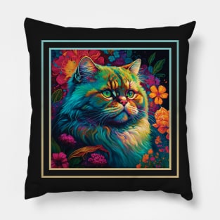 Distinguished Persian Cat Vibrant Tropical Flower Digital Oil Painting Portrait Pillow