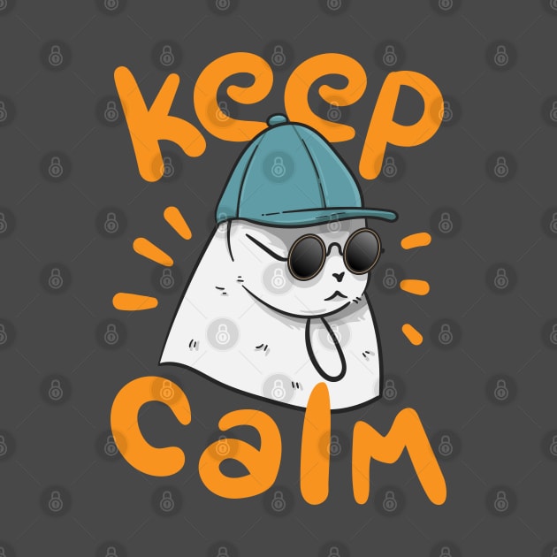 Illustration of a white cat wearing glasses and a hat "Keep Calm" by Wahyuwm48