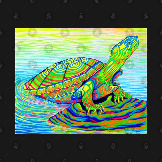 Psychedelic Neon Rainbow Painted Turtle by rebeccawangart