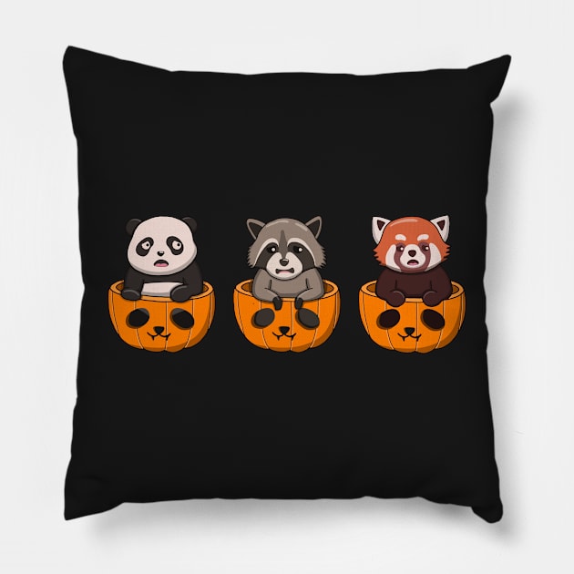 Three Pandas In Pumpkins Pillow by Luna Illustration