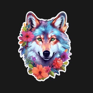 Colorful Wolf With Flowers T-Shirt