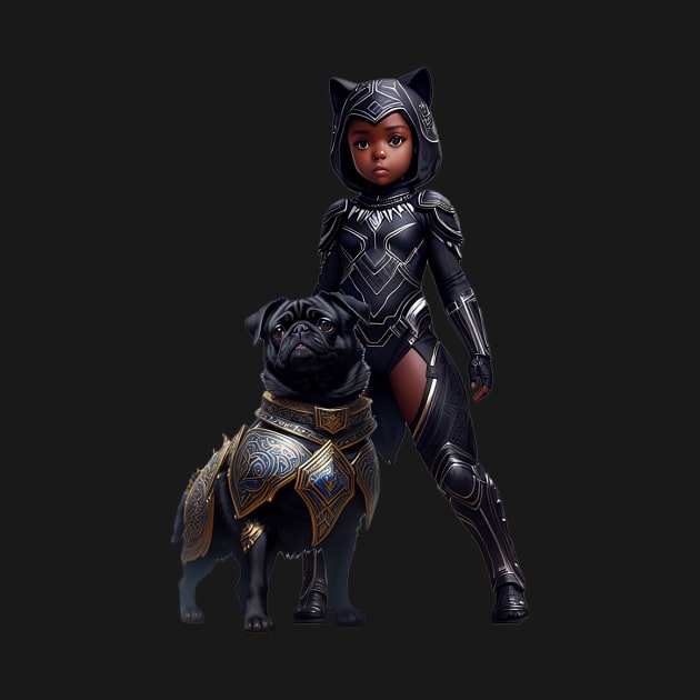 Black Pug Puppy in Gold Armor and Heroic African Princess by fur-niche