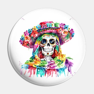 Skull In Mexican Hat Cinco De Mayo Watercolor Pin