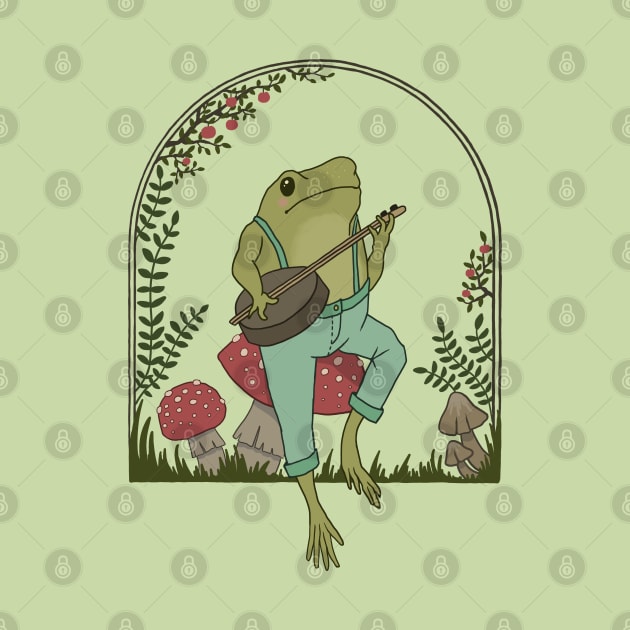 Cottagecore Aesthetic, Cute Frog Playing Banjo on Mushroom, Goblincore Mushroom Lover by Ministry Of Frogs