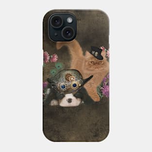 Cute Spaniel puppy and cat with steampunk hats Phone Case