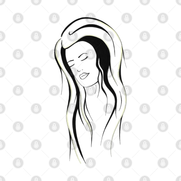 Young woman with eyes closed and long hair by Drawings by Wandersti