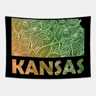 Colorful mandala art map of Kansas with text in green and orange Tapestry