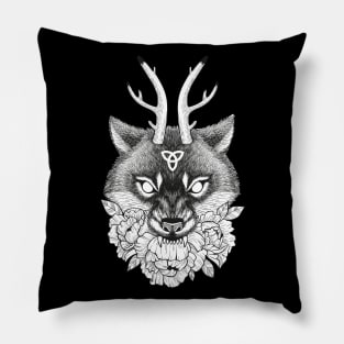 Wiccan wolf with horns and flowers Pillow