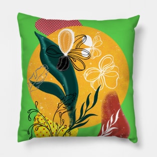 Abstraction. Yellow circle, green leaf. Pillow