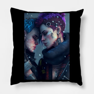 Futuristic Cyberpunk Lesbian Lovers Embrace in Emotional Portrait Pillow