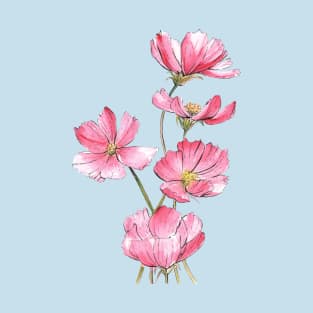 Pink Cosmos Flowers Watercolor Painting T-Shirt