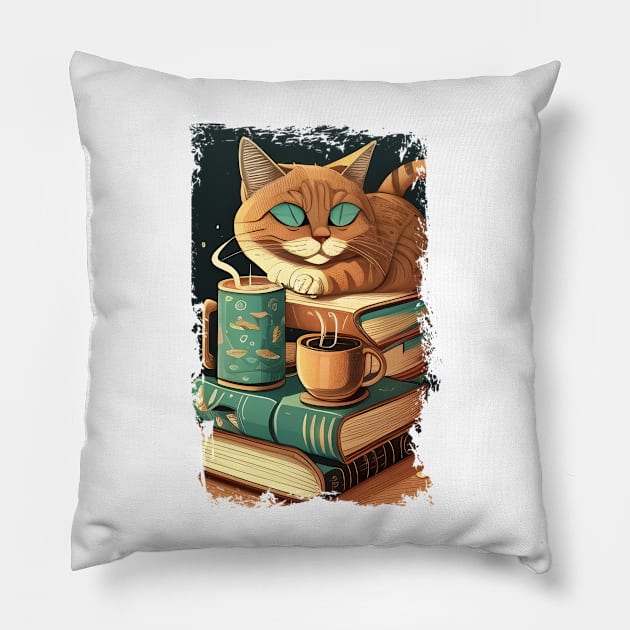 Funny Cat Coffee Reading Book, Catpuccino - Love Cats Pillow by Danielle Shipp