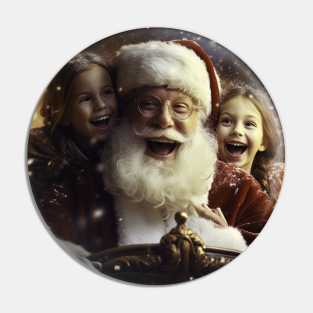 Santa Claus with two girls posing for picture - Christmas Design Pin