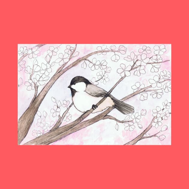 Chickadee in a Cherry Tree Watercolor Illustration by Danica Templeton Art