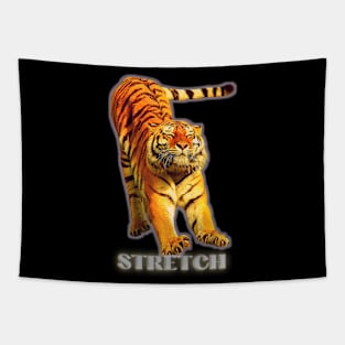 Large tiger doing a stretch exercise - silver text 1 Tapestry