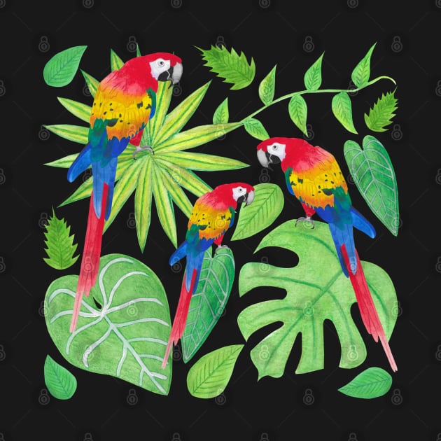 Parrot Rainbow Ombre with Green Plants, Monstera, Vines, Palm Fronds, Philodendron Gloriosum, and Anthurium Warocqueanum Leaves by Penny Passiflora Studio