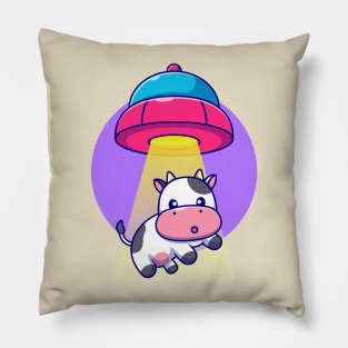 Cute Cow Sucked In UFO Spacecraft Cartoon Pillow