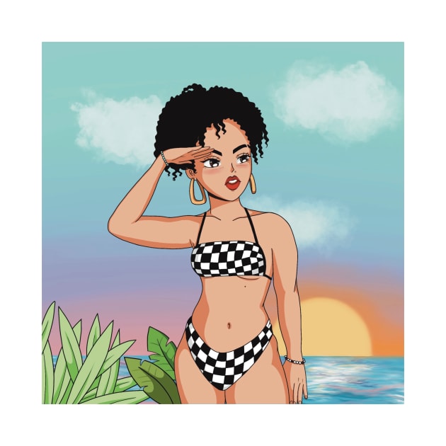 portrait girl beach swimsuit illustration aesthetic by maoudraw